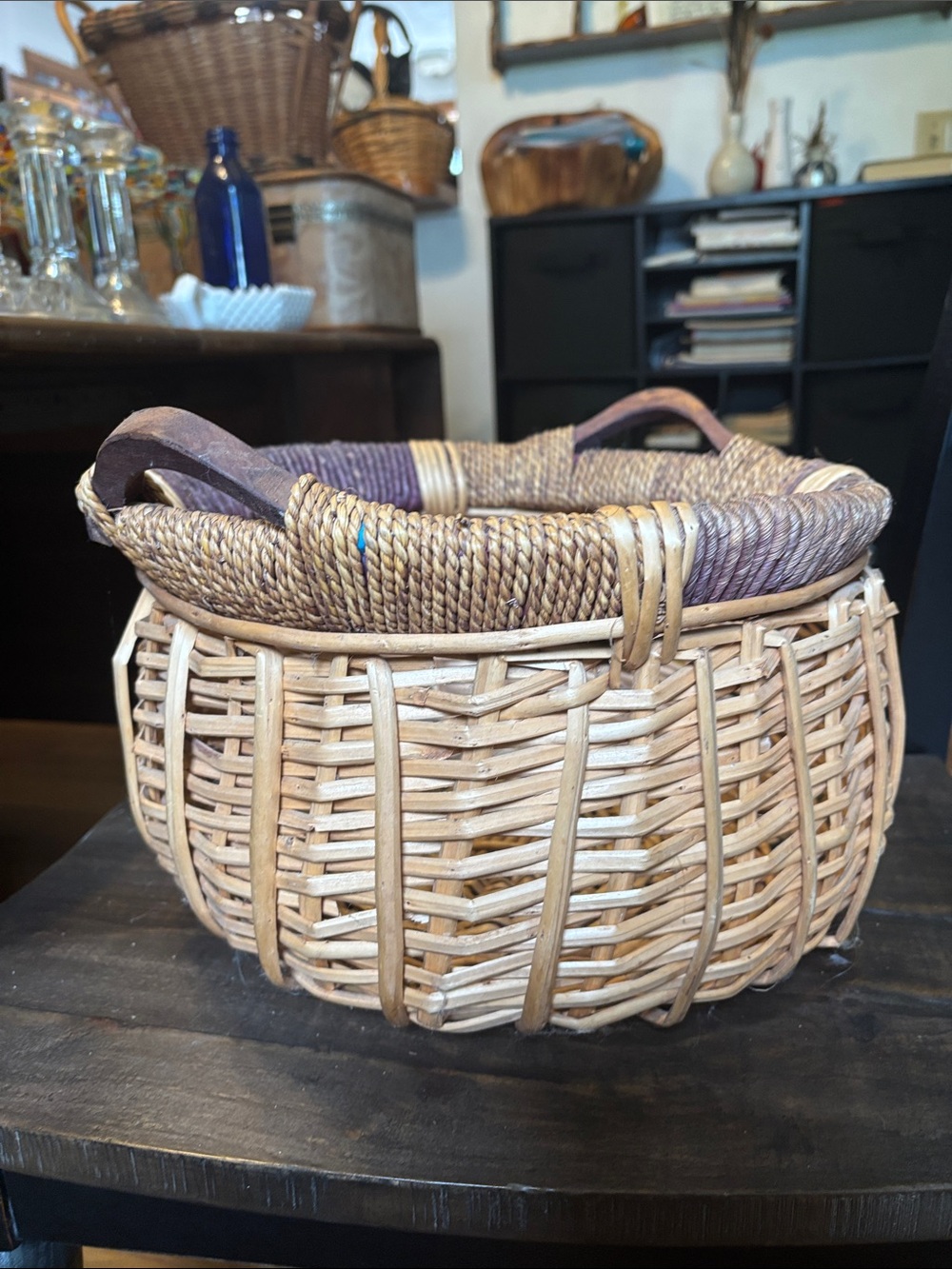 Handwoven Rattan Storage Basket with Dark Brown Accent and Handles